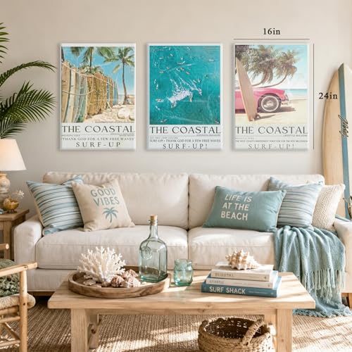 CXQILVER Coastal Beach Canvas Wall Art Set of 3, Modern Ocean Surfing Seascape Wall Decor Retro Newspaper Beaches Poster Prints Summer Preppy Pictures for Bedroom Living Room Girls Dorm 16x24in Framed - color: Blue coast, size: 24"L x 16"W