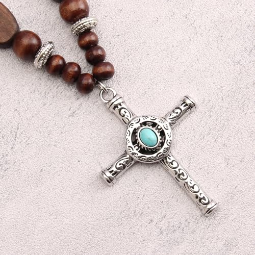 Leather Necklace for Women Long Boho Pendant Hippie Choker Necklace Bohemian Layered Leather Rope Wooden Jewelry Gifts - style: Wood Cross Pendant