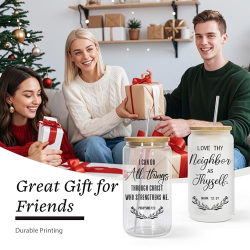 AGH Christian Gift for Women, 16oz Glass Tumbler with Lid and Straw- Inspirational Religious Gift with Prayer Quotes, Iced Coffee Cup for Birthdays, Baptism, Christmas, or Daily Encouragement