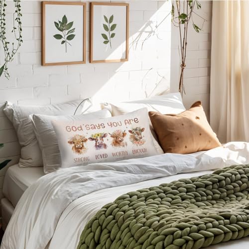 Highland Cow Christian Bible Verse 12x20 Pillow Cover, Highland Cow Decor, God Says You are Farmhouse Decorative Throw Pillow Covers Pillowcases for Bedroom Living Room Home Decor - color: Bible(white04)