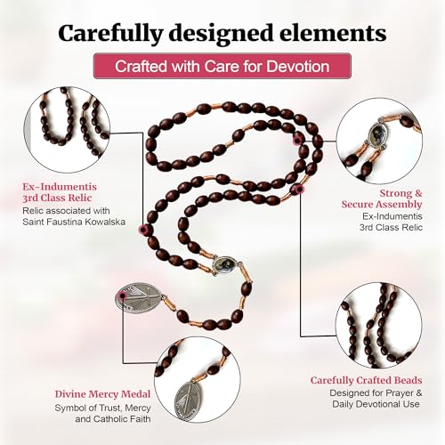 SANCTUM VERITAS Saint Faustina Kowalska True Relic Chaplet Apostle Divine of Mercy Miraculous Medal Jesus I Trust in You Chaplet Three O' Clock Prayer Poland Polish Novena - color: Brown on the Cord