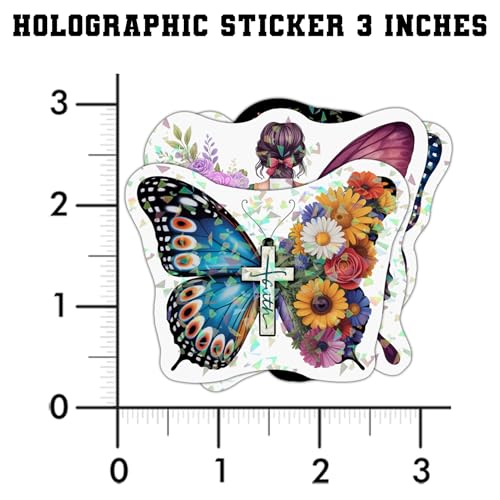 Pack 4 Christian Faith Stickers Holographic Jesus Bible Verse, Christian Floral Butterfly Motivation Quotes Holographic Decals Waterproof Vinyl Sticker for Laptop, Water Bottle, Phone Case 3 Inches