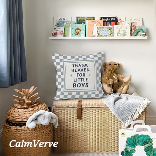 Blue Thank Heaven for Little Boys Pillow Covers 18x18 Boy Nursery Decor, Newborn Gifts, It's A Boy Sign,Baby Shower Decorations Gift for Toddler Little Boy Room - color: Thank Heaven for Little Boys-checkered-18x18