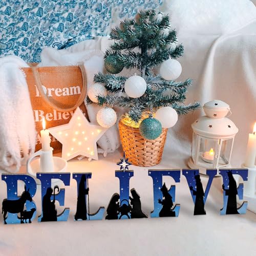 Ushinemi Nativity Scene Christmas Decorations Wooden Believe Tabletop Sign