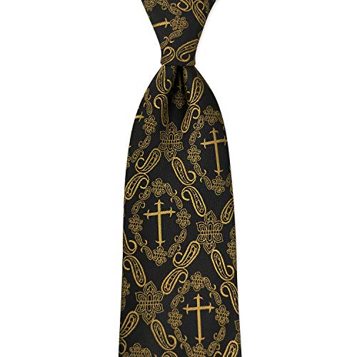 KOOELLE Mens Novelty Religous Necktie Christian Cross & Paisley Tie - color: Black & Yellow Gold