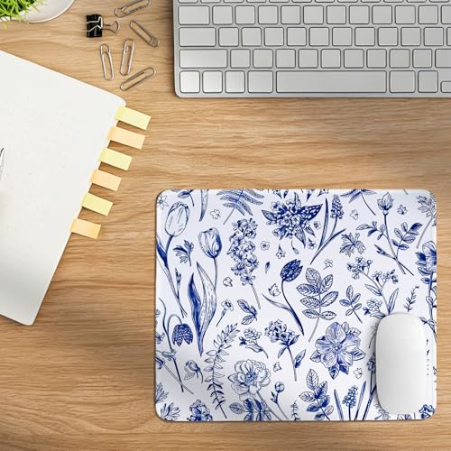 Retro Blue and White Flower Mouse Pad,Summer Plants Floral Desk Mat for Computers Laptop,Vintage Chinoiserie Floral Desk Decor for Office Home Dorm, 10.2x8.2Inch - color: Blue Floral