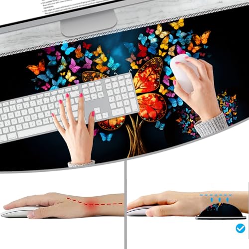 Extended Non-Slip Mouse Pad + Mouse Wrist Rest + Lace-Shaped Coaster Set, Ergonomic Design, Suitable for Desk and Home Gaming Table Mat, Colorful Tree Butterfly - color: Colorful Tree Butterfly