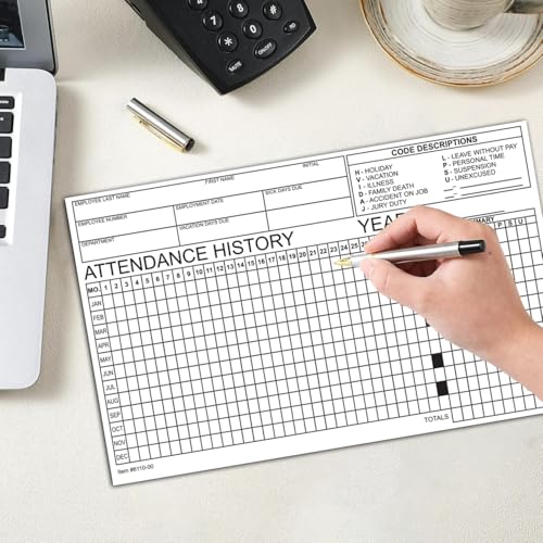 Employee Attendance History Sheets 8" x 5" Time Tracking Forms, 100 Pack - size: Pack of 100