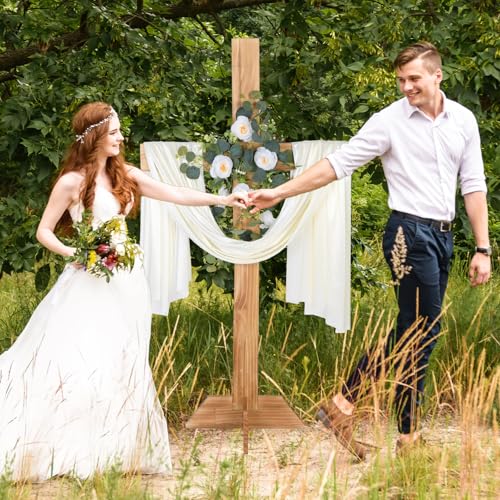 59Inch Large Wooden Cross for Wedding White Ribbon Eucalyptus Garland Brown - color: Brown, size: 59Inch