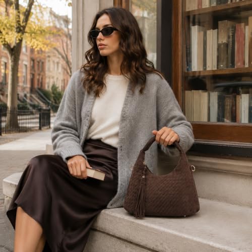 MOETYANG Woven Shoulder Bag for Women, Vintage Hobo Purse with Tassel - color: Coffee Brown
