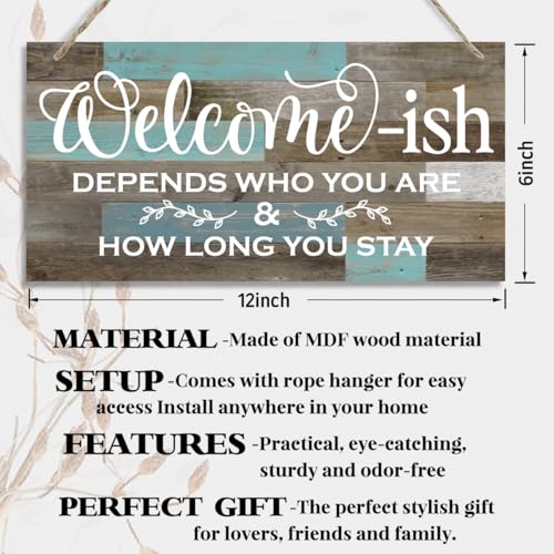 Welcome-ish Wood Decor Sign, Welcome-ish Depends Who You Are and How Long You Stay, Hanging Printed Wooden Plaque Décor, Funny Front Door Sign, Rustic Wooden Farmhouse Porch Decor 12x6 inch (E7) - color: color04