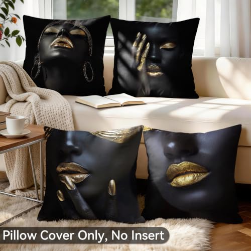Black Gold African Woman Pillow Covers Set of 4, 18x18 Home Decor - color: Afrian 05, size: 18" x 18" (Pack of 4)