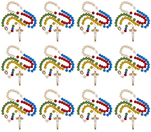 Religious Gifts Mulit Color Wooden Prayer Bead Laser Engraved Mission Rosary, 17 Inch (Pack of 12)
