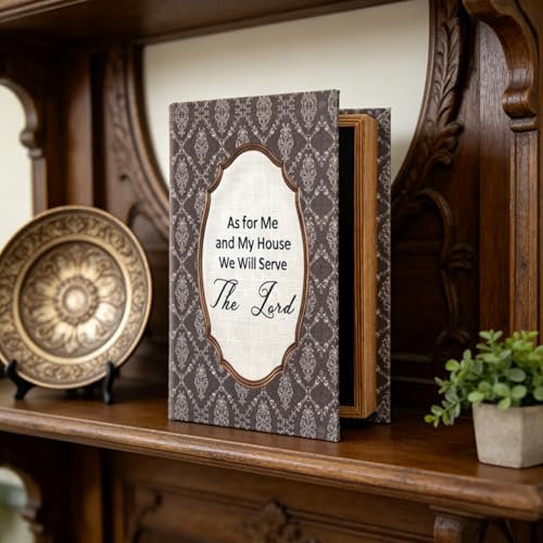 As for Me and My House Wooden Book Box - Inspirational Bible Verse Printed on Fabric Cover, Hollow Book Storage for Christian Home Decor, Wedding & Housewarming Gift, Mantel or Shelf Keepsake Box - color: As for Me and My House, size: 9.87"L x 6.75"W x 2.