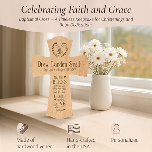 LifeSong Milestones Personalized Baptism Wall Cross - Engraved Maple Wood Christian Cross with Name & Date, Child of God Blessing, Christening & First Communion Gift (Maple, 8.5" x 11") - color: Maple, size: 11"L x 8.5"W