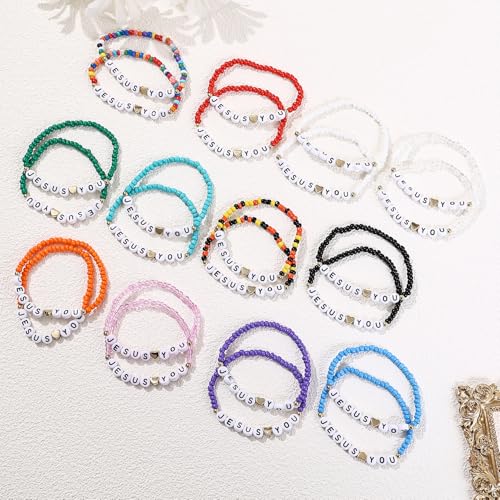 24Pcs Jesus Loves You Bracelets Bulk Handmade Clay Beads Bible Verse Bracelets Christian Friendship Jewelry Christmas Easter Gifts for Women Teen - color: Jesus 24-1