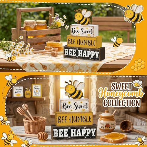 Britimes Tiered Tray Decor Set, 4 Pack, Wooden Table Sign, Bumble Bee - style: Bee