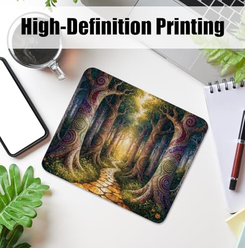 Fantasy Enchanted Forest Mouse Pad for Desk, Magical Whimsical Tree Golden Path Mousepads with Anti-Slip Rubber Base for Computer Laptop Home Office Desk Accessories, 9.5x7.9 Inch - color: Square mouse pad-Enchanted Forest