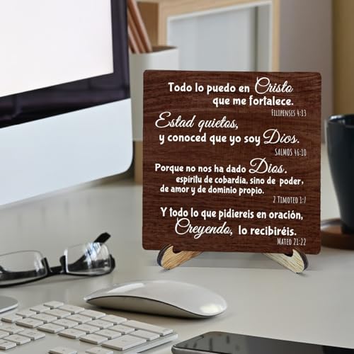 Rustic Christian Wooden Sign Desk Decor, Retro Spanish Bible Verse Religious Wood Plaque Sign With Stand for Church Prayer Room Home Office Desk Table Shelf Decoration, 5x5 Inch - color: Rustic Spanish