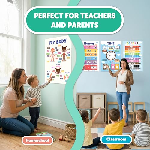EXCOOL CLUB Toddler Learning Posters, 16 Pc 11x17 Colorful Classroom Charts - color: Learning Posters Colorful, size: 16 pcs 11x17 inch