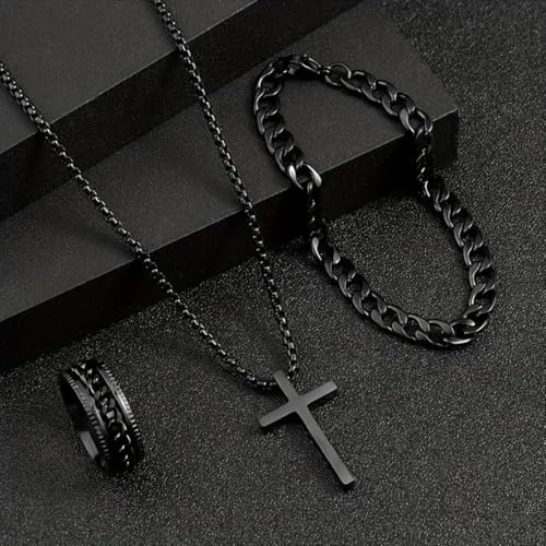 DATOA 3Pcs Cross Necklace Stainless Steel Chains Bracelet Ring for Men Silver Gold Black Pendant Minimalist Jewelry - color: Black