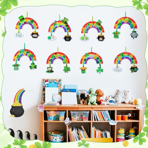 Funrous 48 Sets Crafts Kit Paper Crafts DIY Make Your Own Hanging Ornaments with Pompoms Diamond Stickers for Holiday Classroom Activities Party Favors, St. Patrick's Rainbow - style: St. Patrick's Rainbow