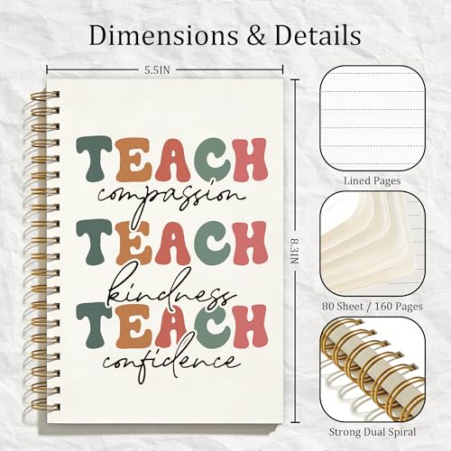 Teacher Inspirational Spiral Notebook, Teacher Appreciation Graduation Gifts, Teaching Assistant Gifts Notebooks for Note Taking, Teach Compassion Kindness Confidence Journal, 5.5x8.3 Inch - color: Colour-4