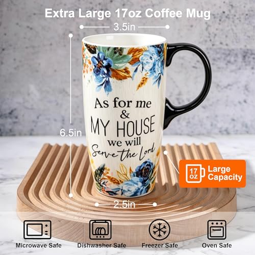 Topadorn 17oz Ceramic Travel Mug with Lid, Blue Floral Coffee Mug - color: Serve the Lord