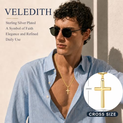 925 Sterling Silver Cross Necklaces for Mens Women CZ Beveled Edge - color: Classic Medium gold cross