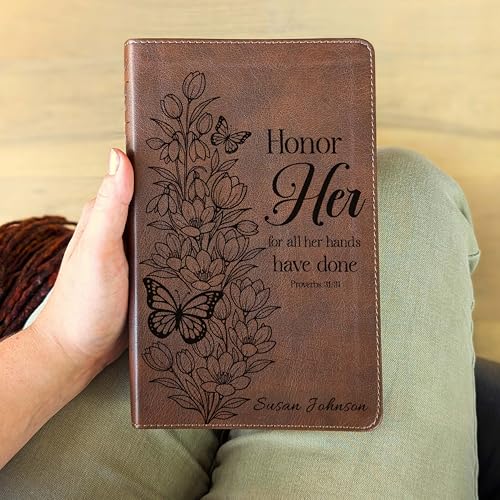 Personalized NLT Thinline Reference Bible – Filament Enabled | LeatherLike Rustic Brown Edition | Custom Engraved | 8.75-Point Readable Text | Cross-Reference Edition with Filament Bible App | 9” x 5.75” (Tulips Butterfly Honor Her)