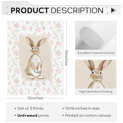 Vintage Nursery Wall Art Goose Canvas Poster Coquette Wall Decor Baby Girl Painting Kids Poster Bunny Rabbit Prints Cute Animal Pictures Duck Artwork for Bedroom Living Room 12x16x3 Inch Unframed - color: Rabbit Prints, size: 12"x16" Unframed