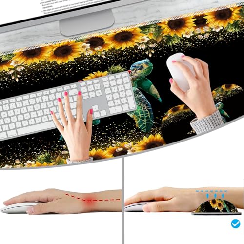 Extended Non-Slip Mouse Pad + Mouse Wrist Rest + Lace-Shaped Coaster Set, Ergonomic Design, Suitable for Desk and Home Gaming Table Mat, Starry Night and Turtle Sunflowers - color: Starry Night and Turtle Sunflowers
