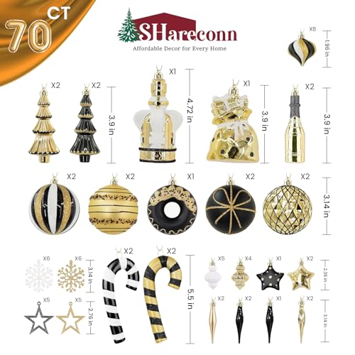 SHareconn 70pcs 2025 Classic Christmas Balls Ornaments Set, Shatterproof Plastic Baubles for Xmas Tree Holiday Wedding Party Decorations with Hanging Strings, Black, White and Gold - color: Black, White and Gold