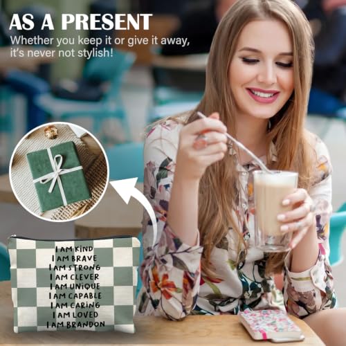 Inspirational Makeup Bag, Affirmation Encouragement Gifts for Women, Sage Green Checkered Cosmetic Bag Canvas Toiletry Zipper Pouch for Women - color: I AM KIND