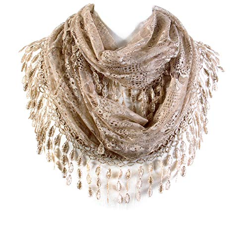 Scarf& Feminine Lace Infinity with Teardrop Fringes - color: Camel