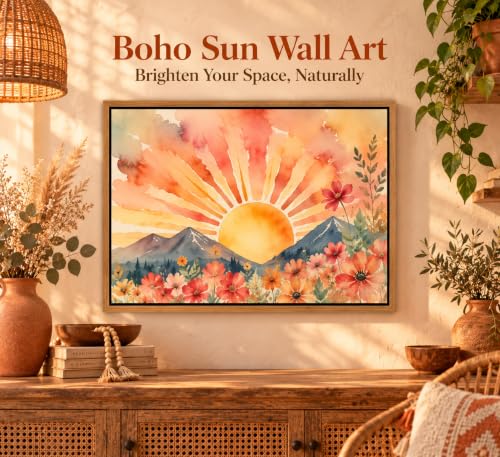 Framed Boho Sun Canvas Wall art - color: Framed, size: 24"L x 16"W