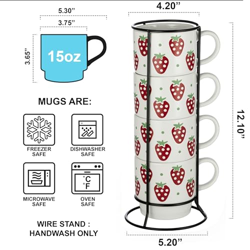 Signature Housewares Stackable Coffee Mug Tower Set with Metal Wire Rack - 15 Ounce Coffee Mugs for Coffee, Tea, Cocoa, Milk, Cappuccino, Hot Chocolate Set of 4 - Strawberry Pattern - color: Strawberry Pattern, size: 15oz