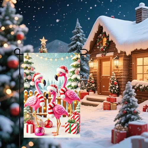 BlissYard Christmas Flamingo Garden Flag 12x18 Inch Polyester - color: Flamingo