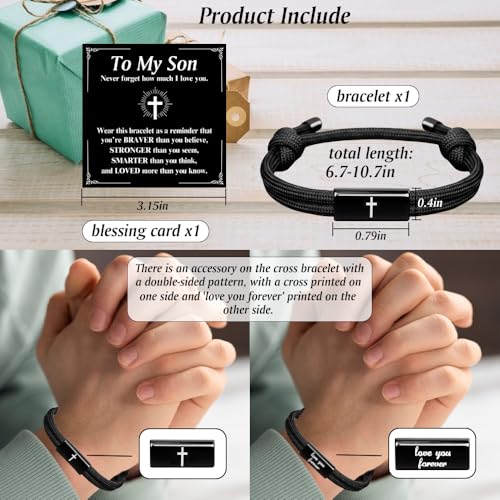 Vichona Cross Bible Verse Adjustable Rope Bracelet for Teens - color: To My Son-Black