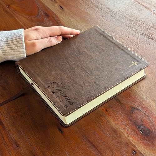 Personalized NIV Journal the Word Bible – Double Column Brown Leathersoft Faux Leather | Custom Name Engraved | Red Letter Comfort Print Edition with Wide Margins for Notes & Reflections (Name Version) - style: Name Version 02
