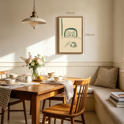 OPFDE Wood Framed Funny Coffee Cat Wall Art, Minimalist Cat Kitchen Poster Print, Mid Century Modern Animal Wall Decor, Cozy Coffee Bar Artwork for Dining Room Office Breakfast Nook 12x16 Inch - color: Cat, size: 16"L x 12"W