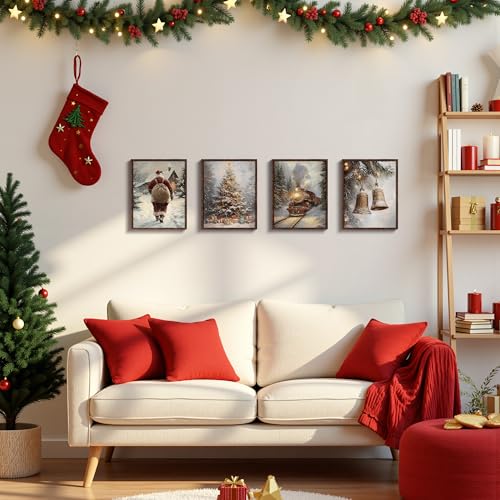 DOFQZ Winter Christmas Wall Art Prints Set of 4, Christmas Home Room Decor, Winter Snowy Xmas Train Santa Bell Pine Tree Posters for Home Bedroom Living Room Decor, 8x10 Unframed - color: 09Child, size: 8*10