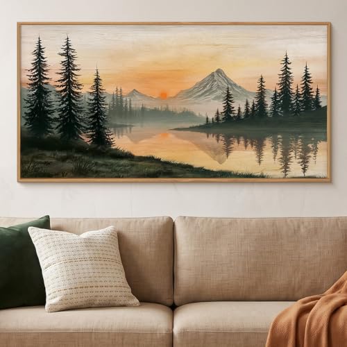 LHIUEM Nature Mountain Sunset Framed Canvas Wall Art,Boho Pine Trees Wall Decor,Sunset Forest Lake Painting,Modern Landscape Artwork for Living Room,Bedroom,Dining Room -20"x40"x1 - color: Boho Mountain Wall Art, size: 20''x40''x1
