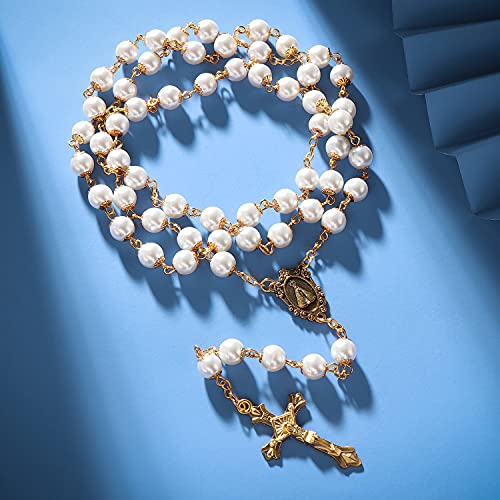 Rnivida Catholic Pearl Beads Rosary Necklace Metal Beaded Miraculous Medal & Cross Rosary for Women - color: Pearl - Gold Tone