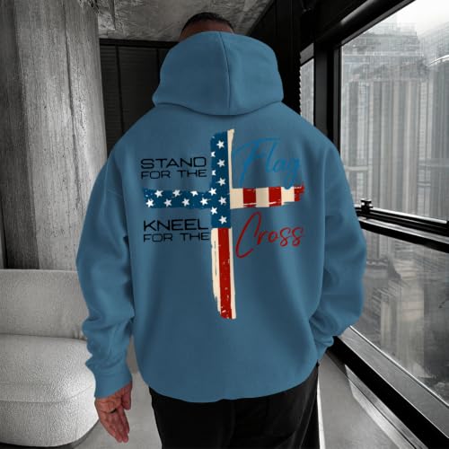 Tuislay Mens Christian Stand for The Flag Kneel for The Cross Hoodies Jesus Faith American Flag Sweatshirts Religious Sweater - color: Deep Blue, size: Medium