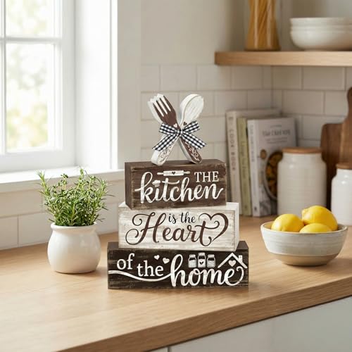 Britimes Tiered Tray Decor Set, 4 Pack, Wooden Table Sign, Farmhouse Heart - style: Kitchen