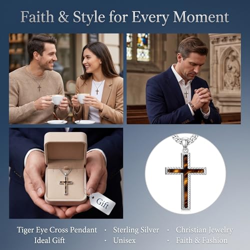 MRENITE Silver Natural Stone Cross Necklace, Classic Latin Cross Pendant Necklace for Unisex Women Man, Vintage Crystal Quartz Cross Necklace with 20+2 Inches Adjustable Cuban Chain - style: Tiger Eye
