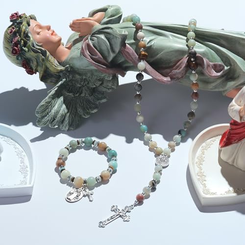 Rosary for Men Women, Natural Stone Beads with St. Benedict Bracelet - color: Amazonite