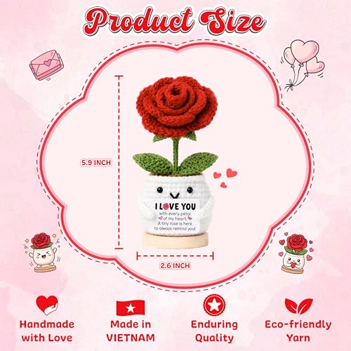 Positive Crochet Rose Flower Gift for Her, Romantic Anniversary Valentines Day I Love You Birthday Gift for Girlfriend Wife Husband, Encouragment Positive Gifts for Couples Husband Mom Grandma - color: Rose