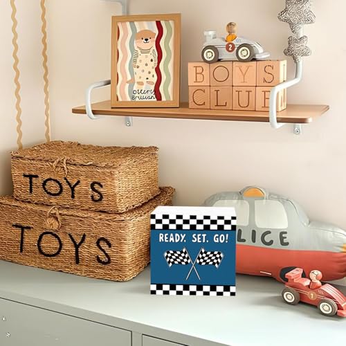 Lacama Race Car Boys Room Blue Ready Set Go Wooden Box Sign - color: Ready Set Go-Blue
